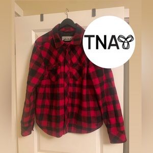 Aritzia TNA Wool Flannel Classic Red Buffalo Plaid Boyfriend Fit Jacket